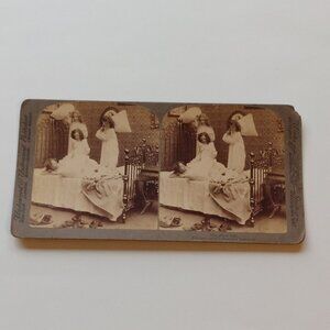 Antique Stereograph Card Victorian Pillow Fight 1900